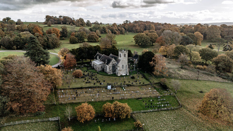 Sandon church Shropshire wedding videographer drone shot