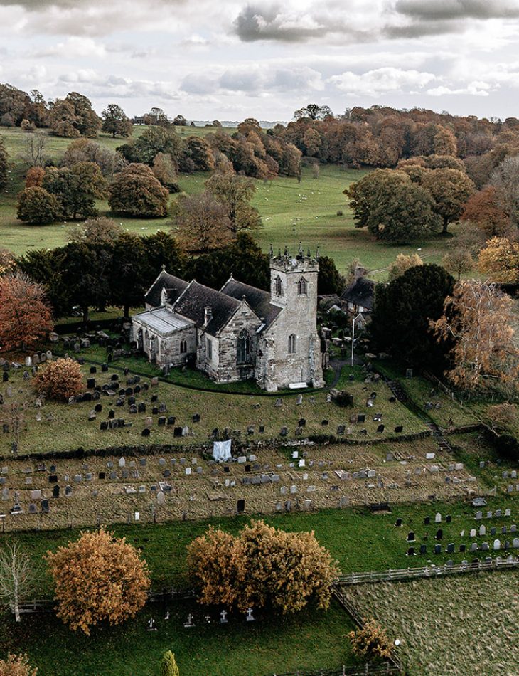 Sandon church Shropshire wedding videographer drone shot