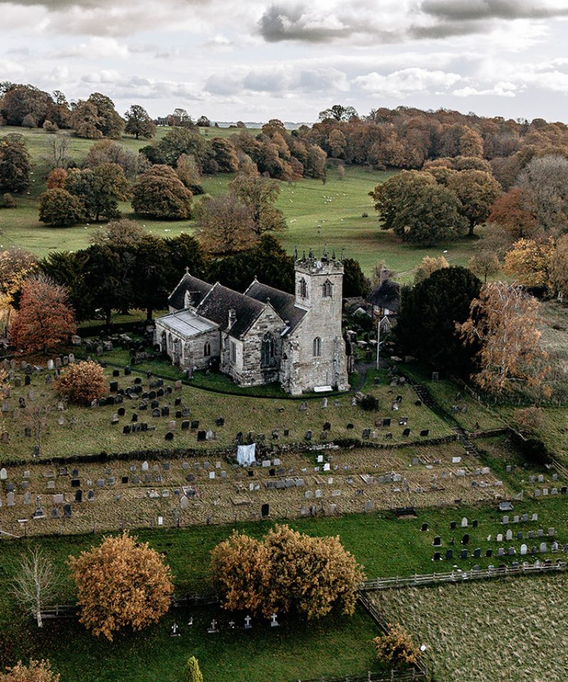 Sandon church Shropshire wedding videographer drone shot