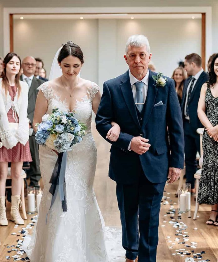 bredenbury court barns wedding photographer - father walking bride down the aisle